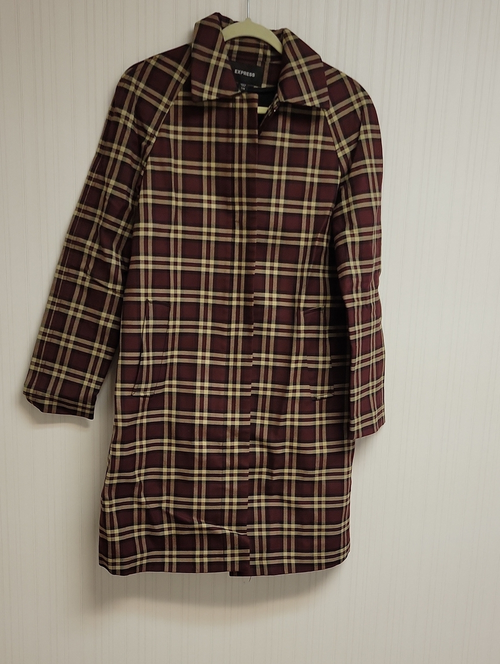 Express Women's Burgundy Plaid Coat Sz 7/8 Lightweight Preppy Wool Blend Office